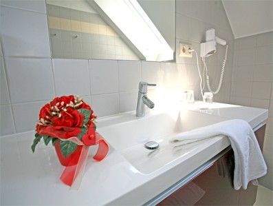 Moderná kúpeľňa s umývadlom, uterákom, sušičom vlasov a kvetinovou výzdobou.