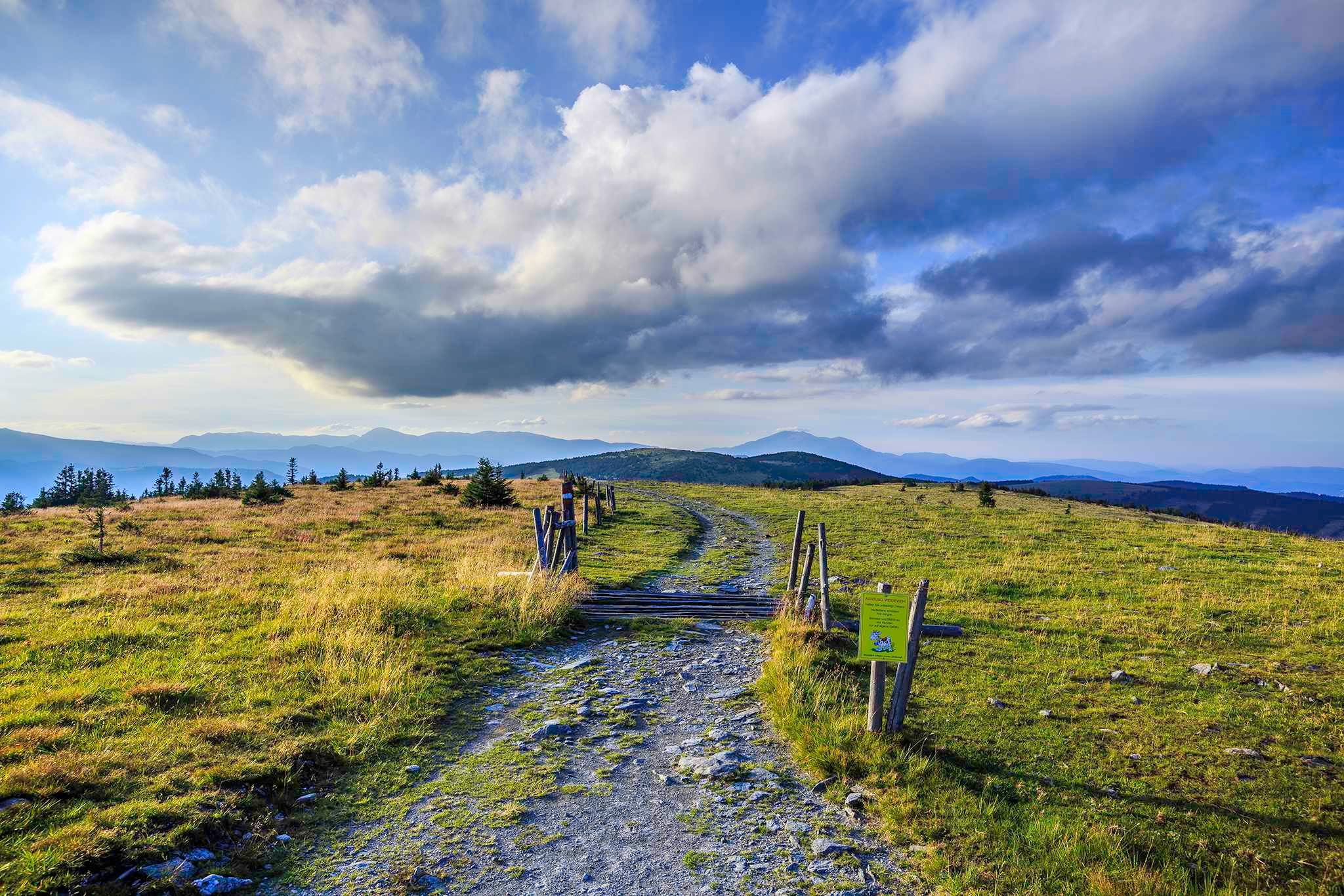 Turistický chodník na horskej lúke s výhľadom na Hochwechsel a zamračenou oblohou.
