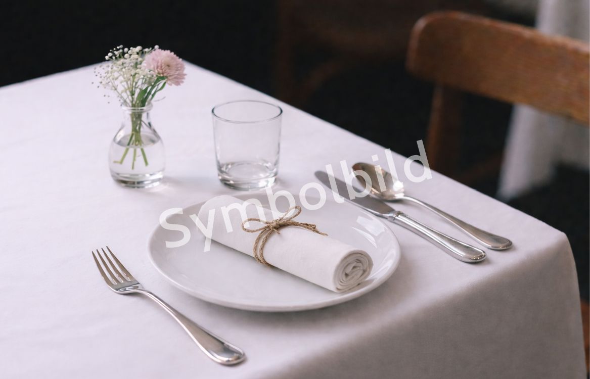 Prestretý stôl v reštaurácii s bielou obrusom, tanierom, príborom, pohárom a malou vázou s kvetmi. Ako vodoznak je tu nápis „Symbolbild“.