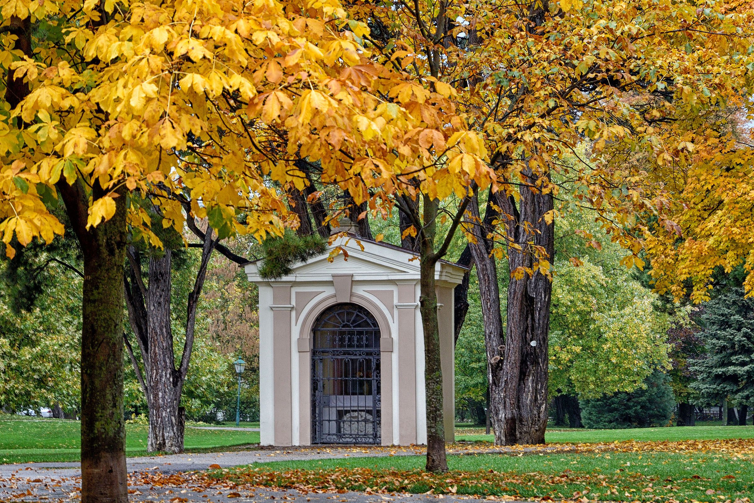 Malá budova v parku, obklopená stromami so žltým jesenným lístím.