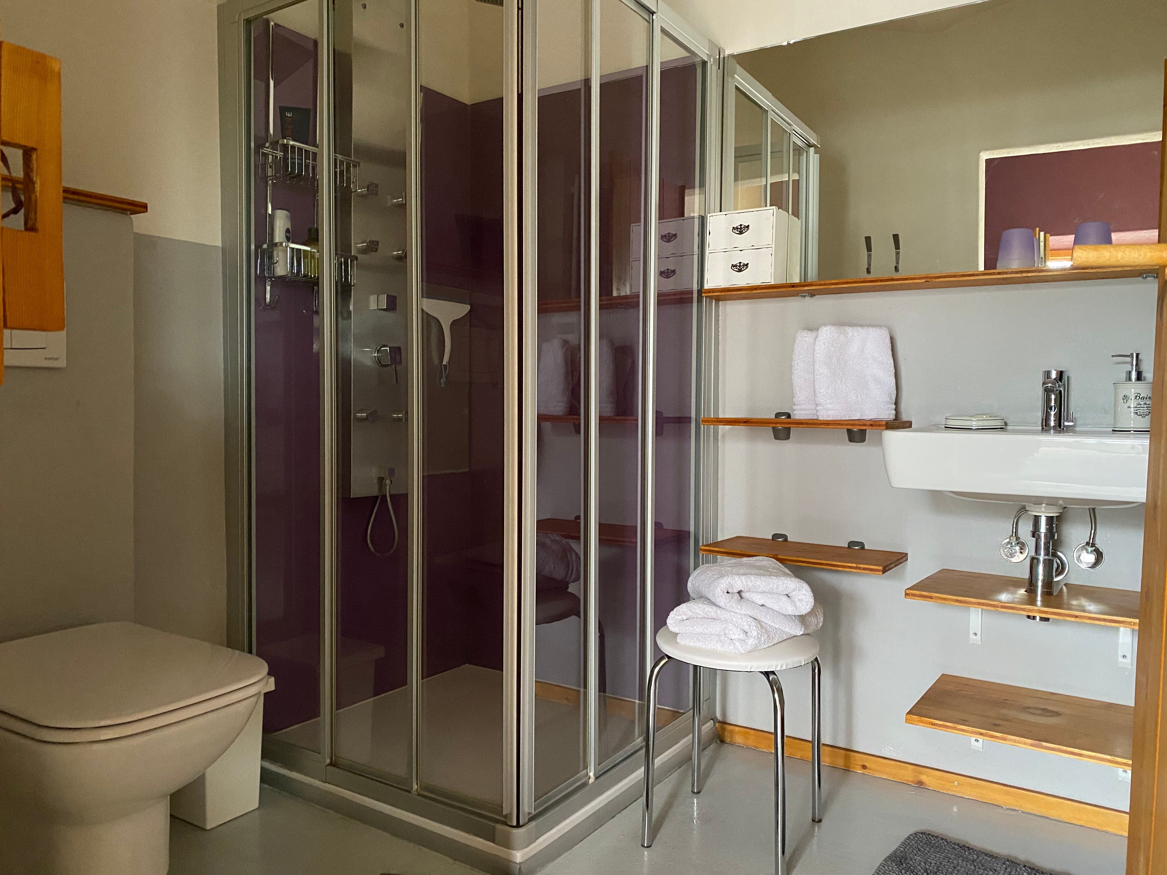 Moderná kúpeľňa so sprchovacím kútom, umývadlom, uterákmi a policami.