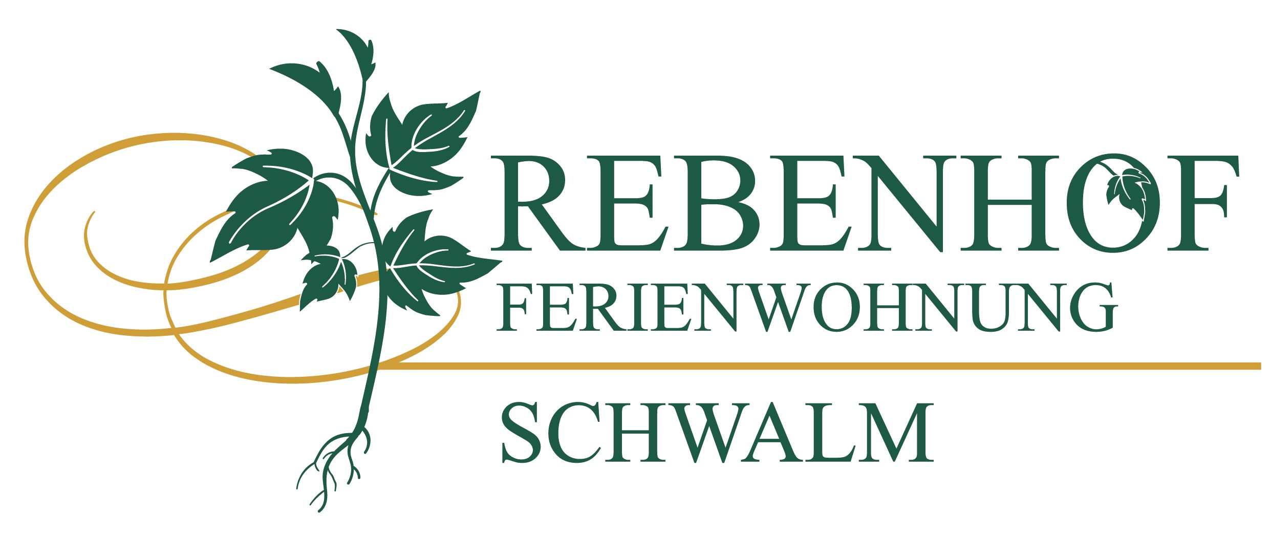 Logo Rebenhofu so zelenými listami a nápisom "Rebenhof Ferienwohnung Schwalm".