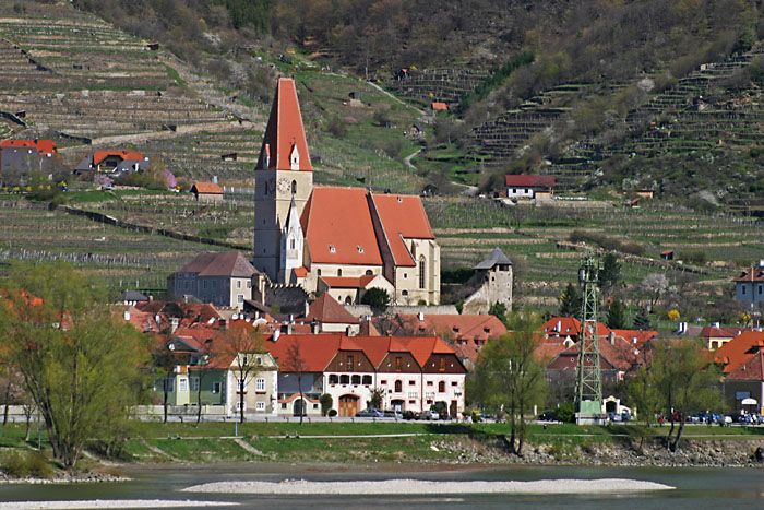 Opevnený kostol v obci Weißenkirchen in der Wachau s okolitými budovami a vinicami.