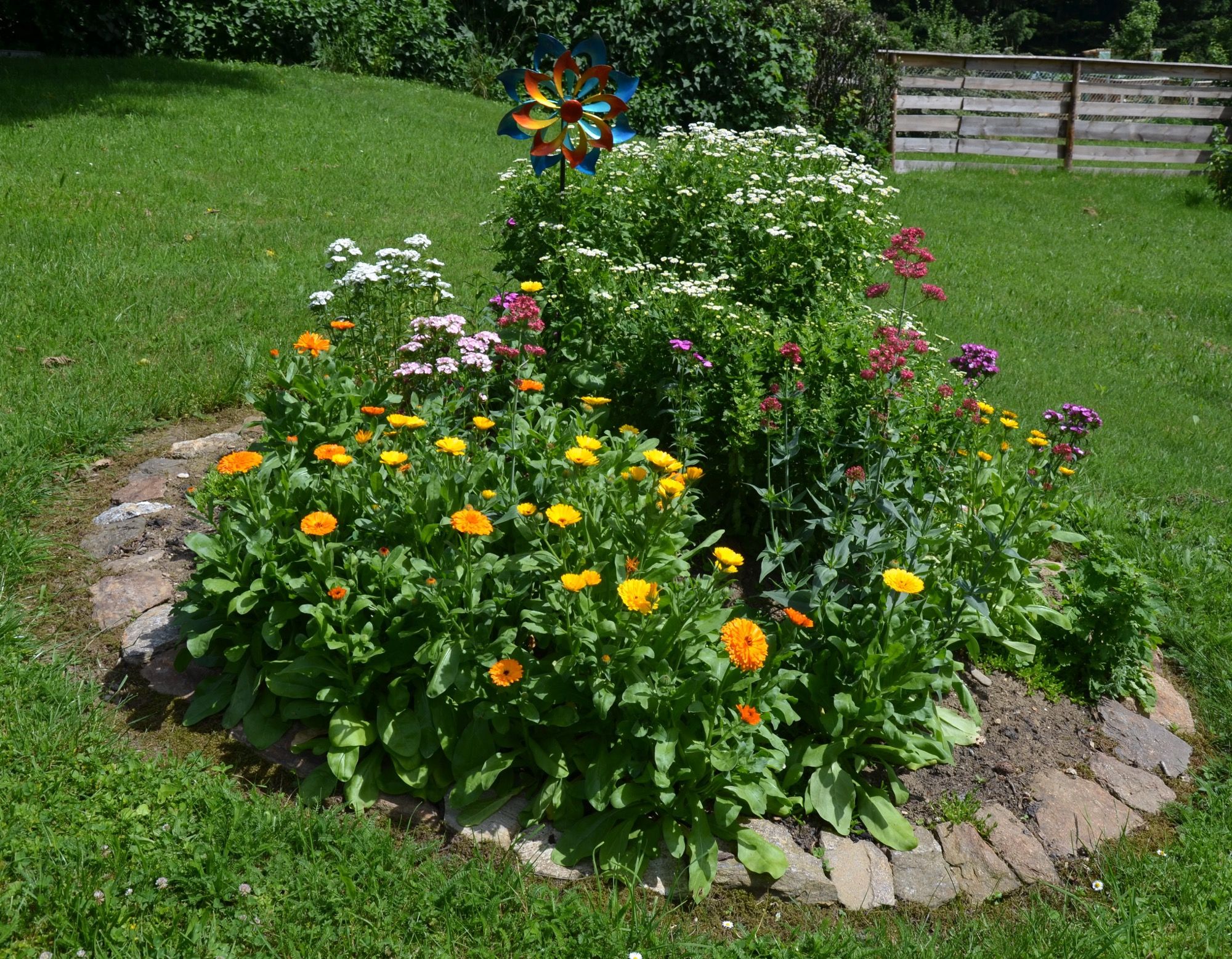 Okrúhly záhon s farebnými kvetmi a veterný mlyn v záhrade.