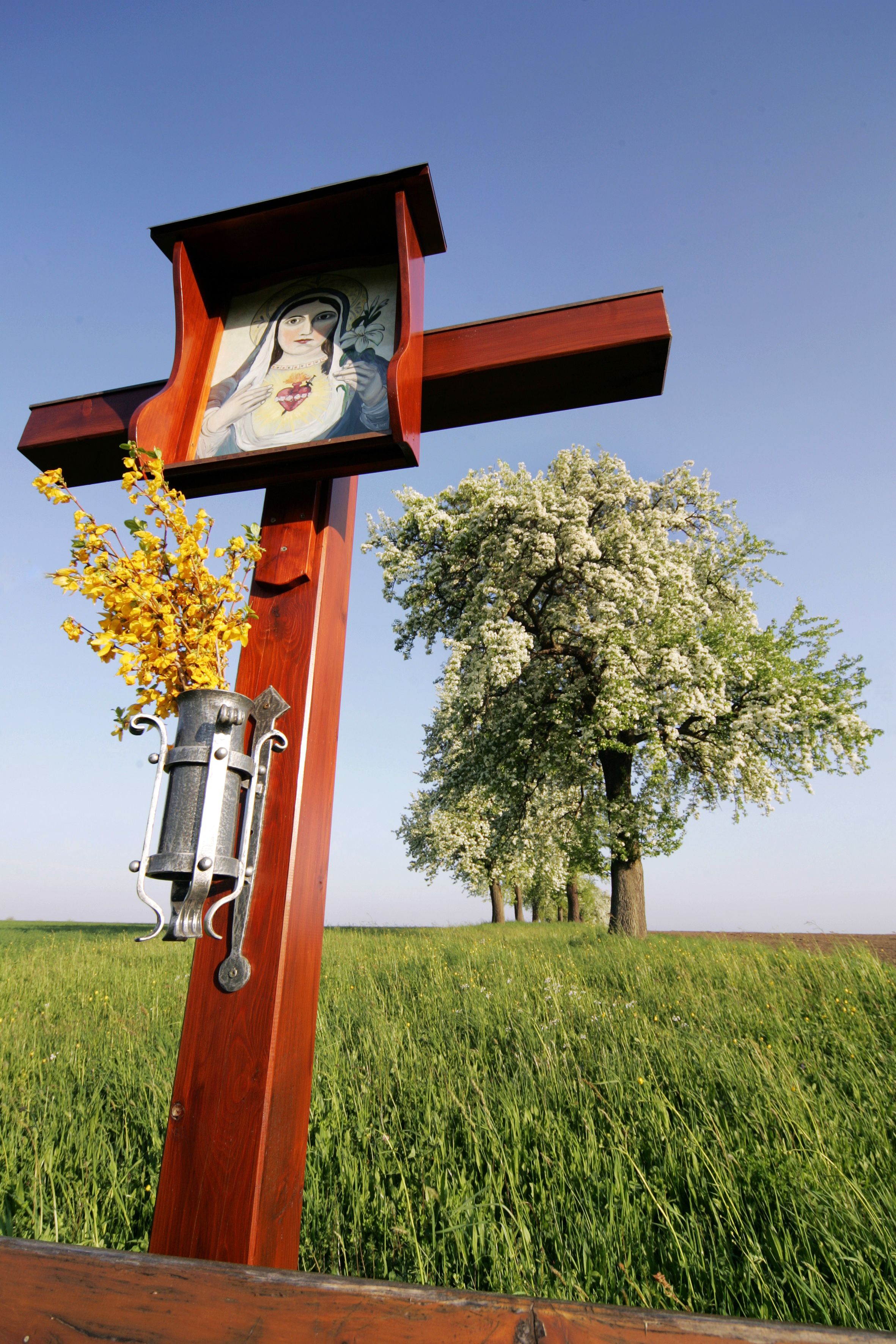 Drevený kríž pri ceste s obrázkom Panny Márie a žltými kvetmi, v pozadí rozkvitnuté stromy na lúke.