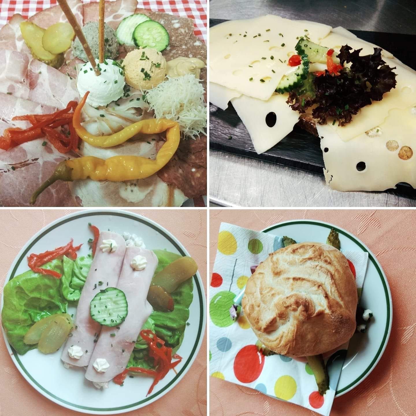Rôzne rakúske občerstvenie s klobásou, syrom a chlebom.