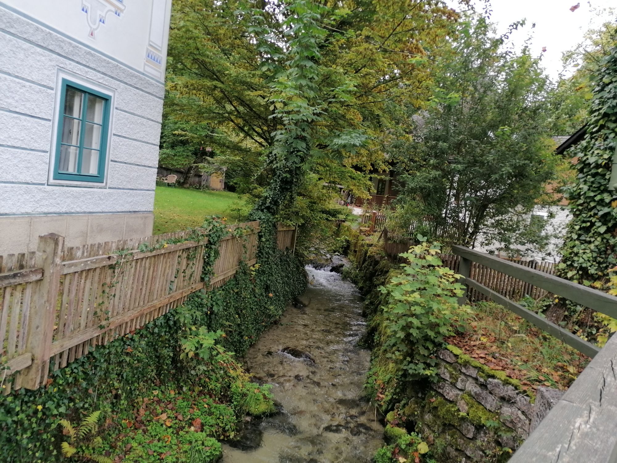 Medzi domom a dreveným plotom tečie malý potok, obklopený stromami a rastlinami.