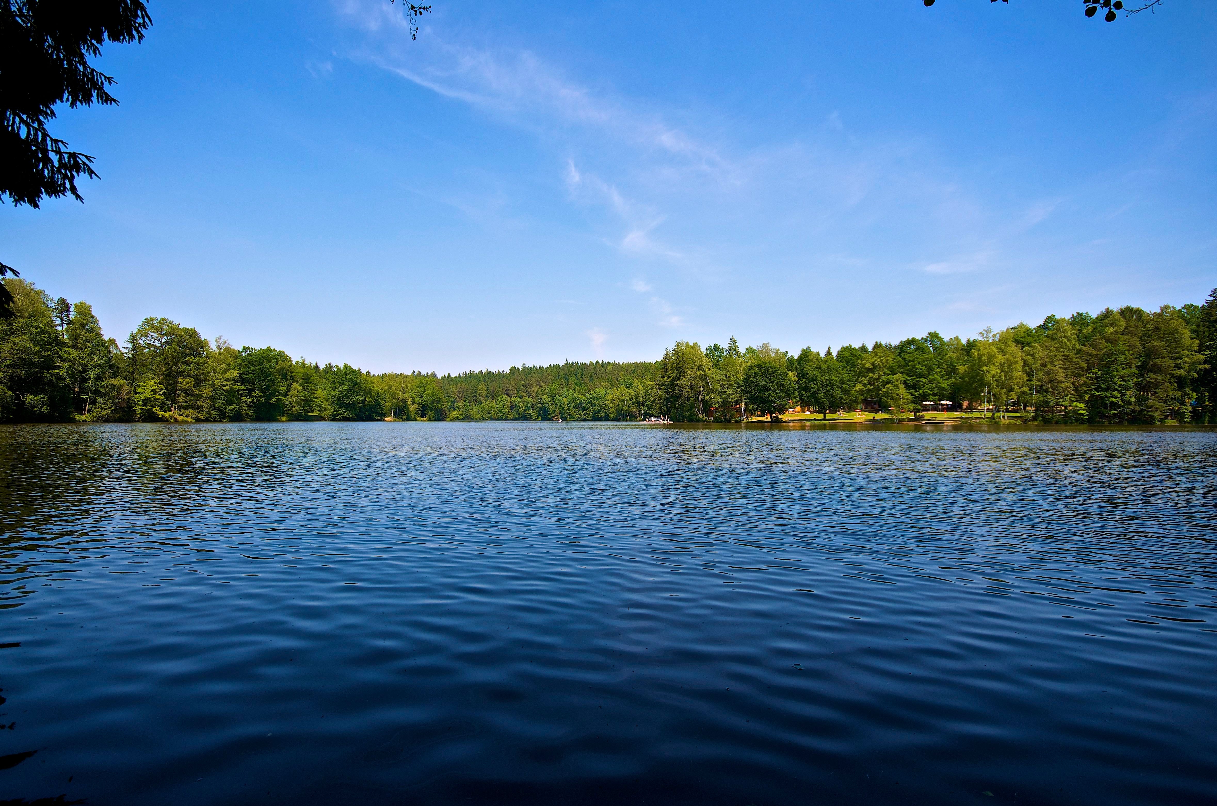 Pohľad na Herrensee s lesnatým brehom a modrou oblohou.