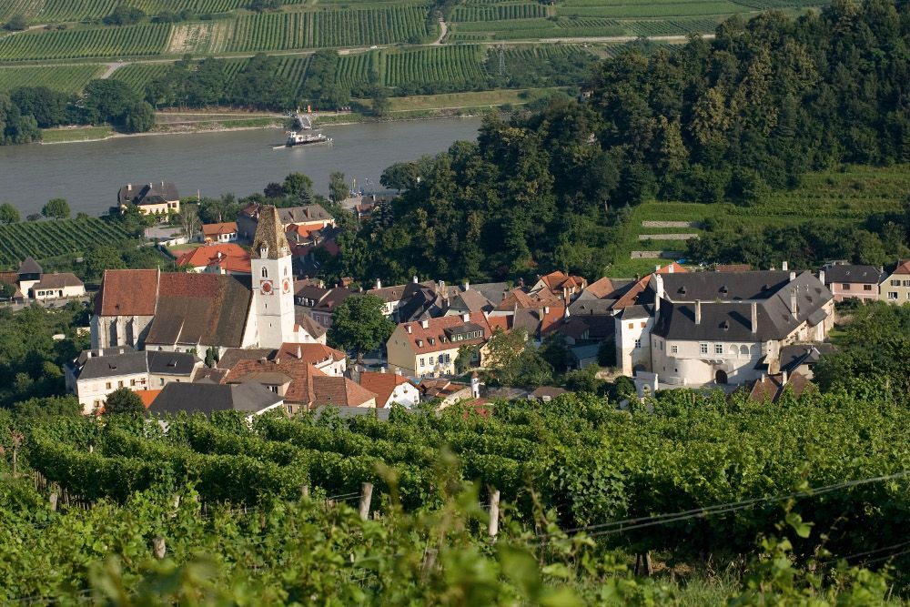 Pohľad na farský kostol Spitz a okolité vinice.