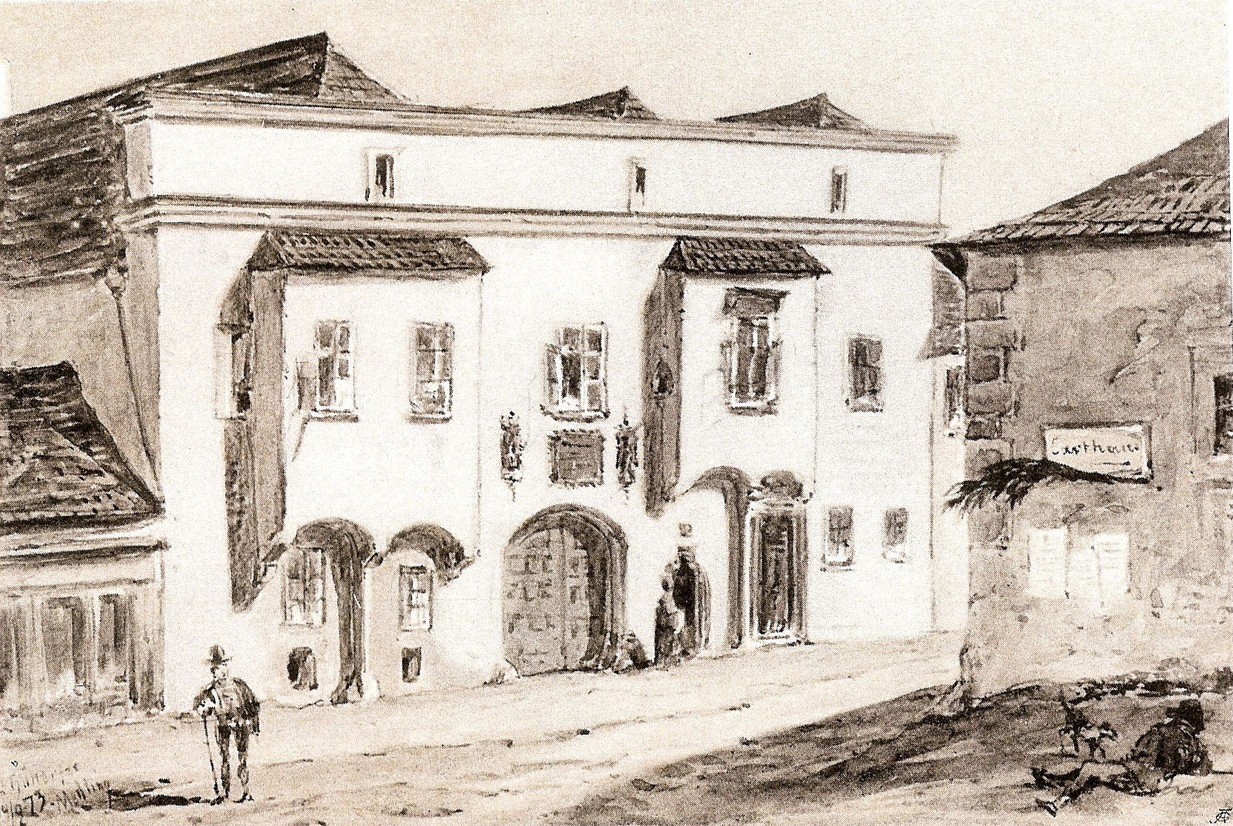 Historická kresba budovy s okrúhlymi oblúkmi a oknami, pred ktorou stoja dvaja ľudia.