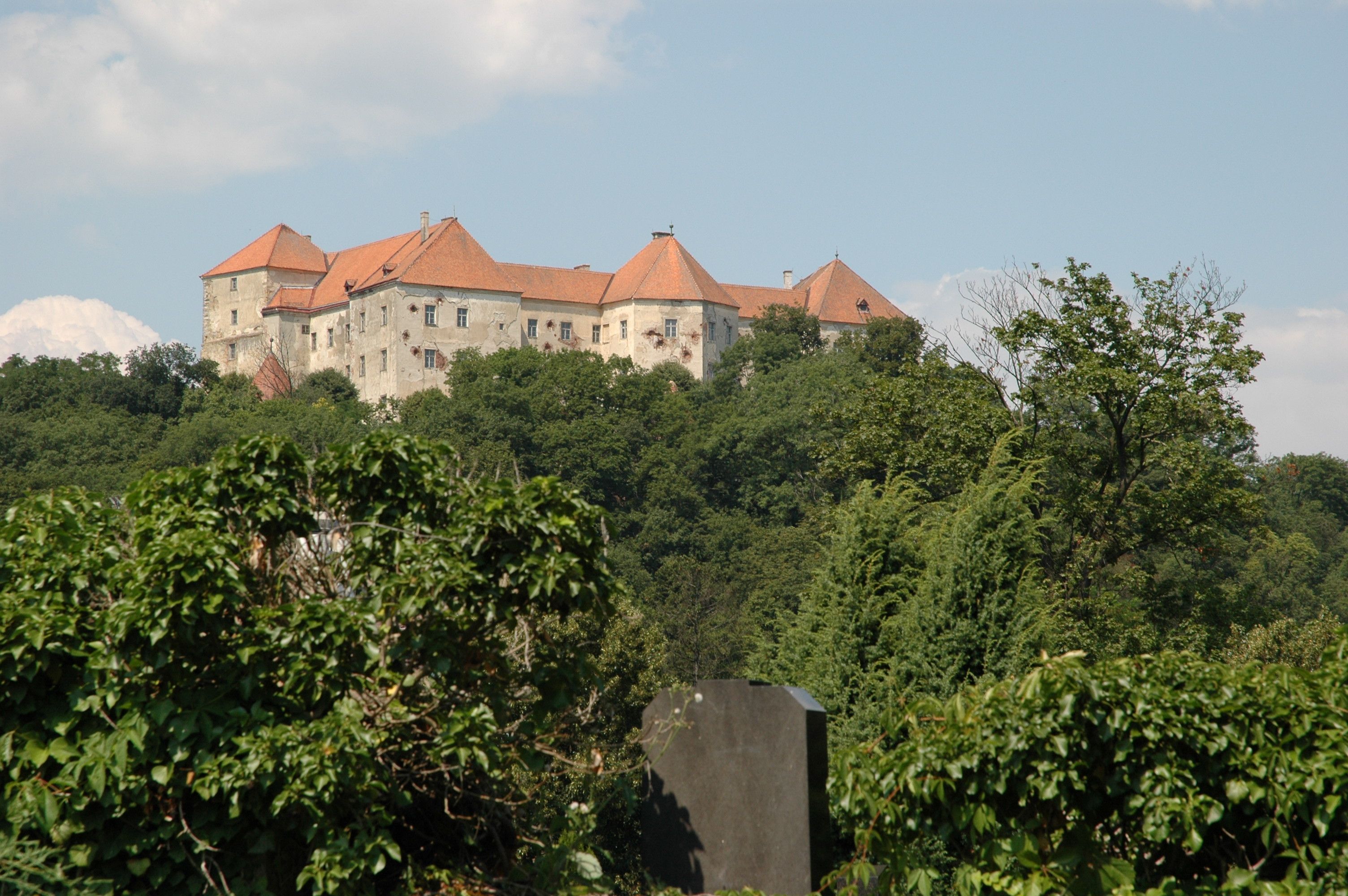Hrad Neulengbach na zalesnenom kopci s červenými strechami, obklopený stromami a modrou oblohou.
