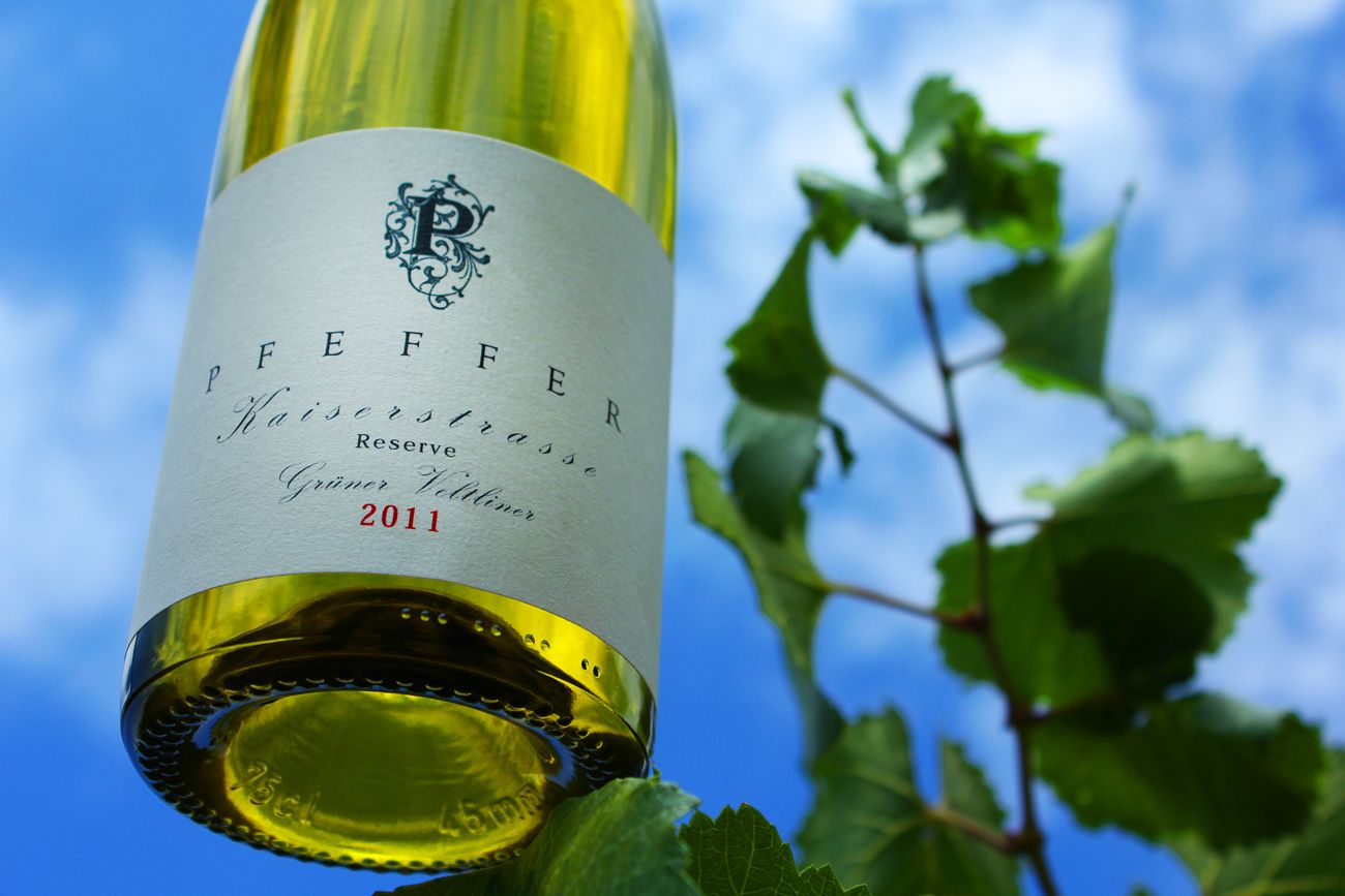 Fľaša vína s etiketou "Pfeffer Kaiserstrasse Reserve veltlínske zelené 2011" na pozadí modrej oblohy a listov viniča.