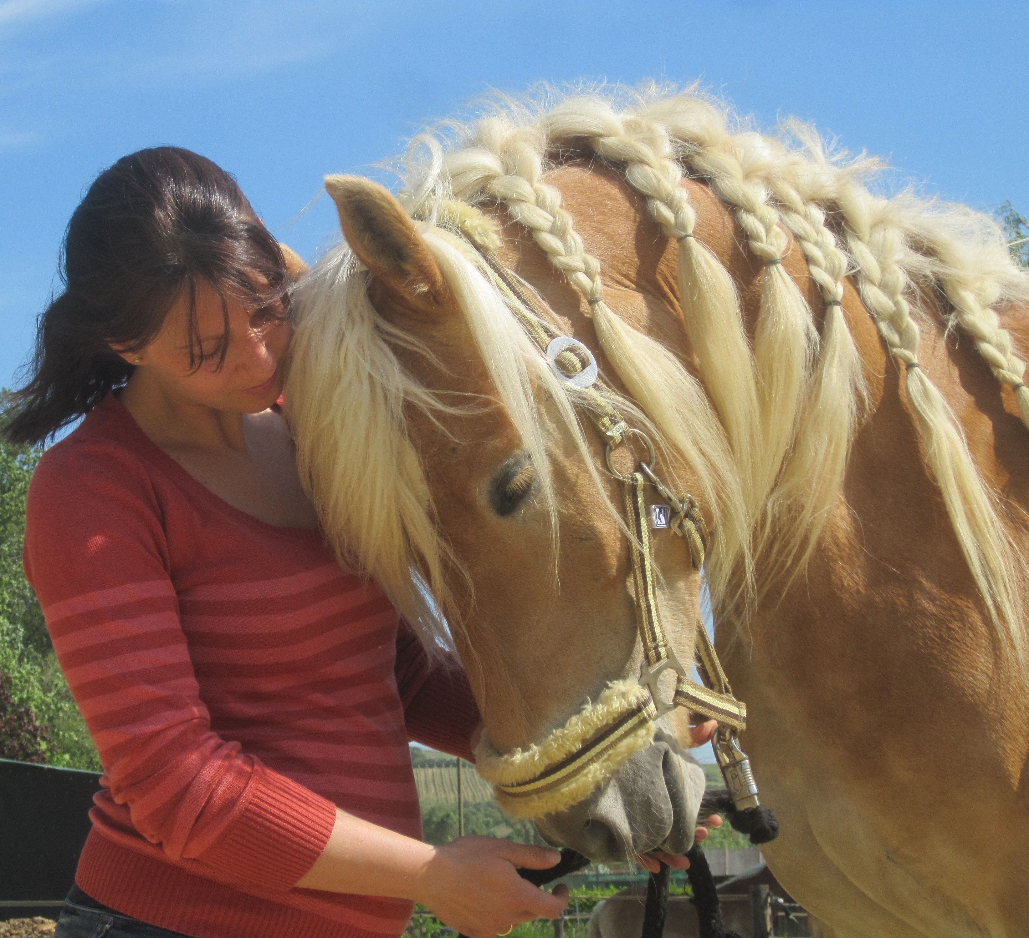Žena v červenom svetri stojí vedľa koňa s vypletenou hrivou.