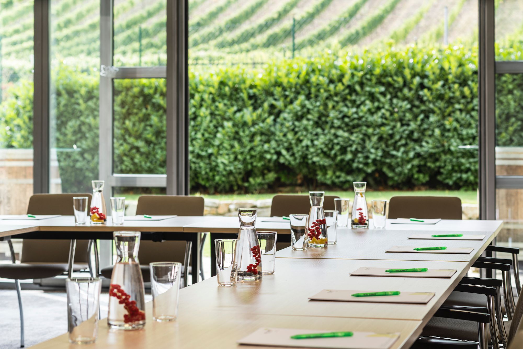 Seminárna miestnosť so stolmi, stoličkami a výhľadom na vinice.