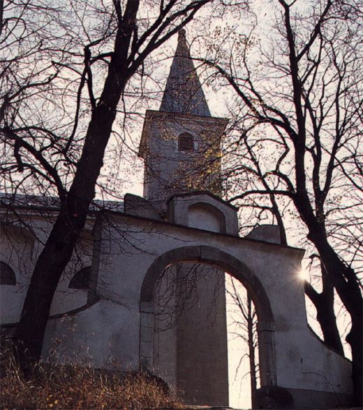 Kostol s vežou a klenbou, obklopený holými stromami proti svetlu.