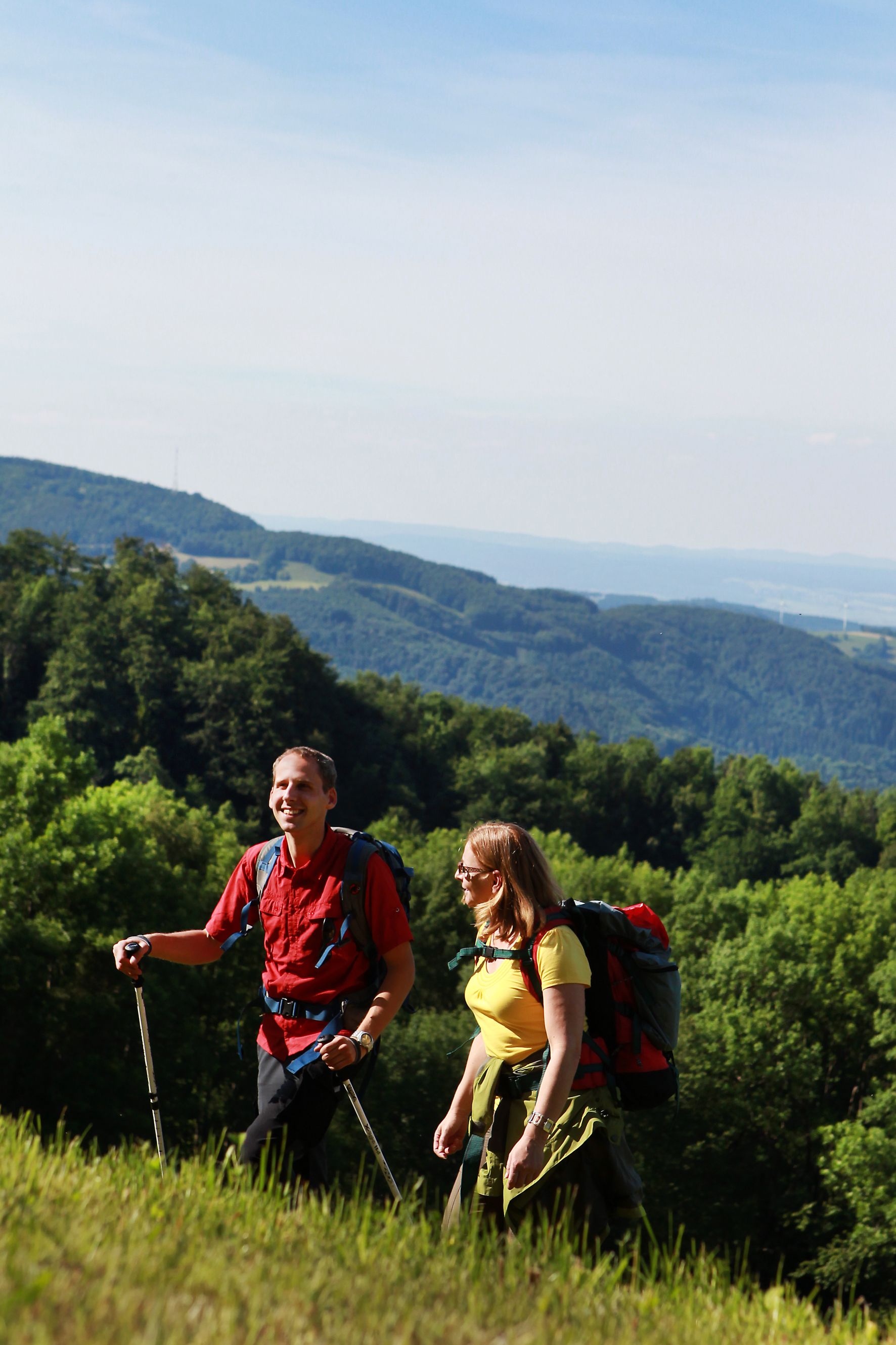 Dvaja turisti s ruksakmi a paličkami na zelenom kopci so zalesnenými horami v pozadí.