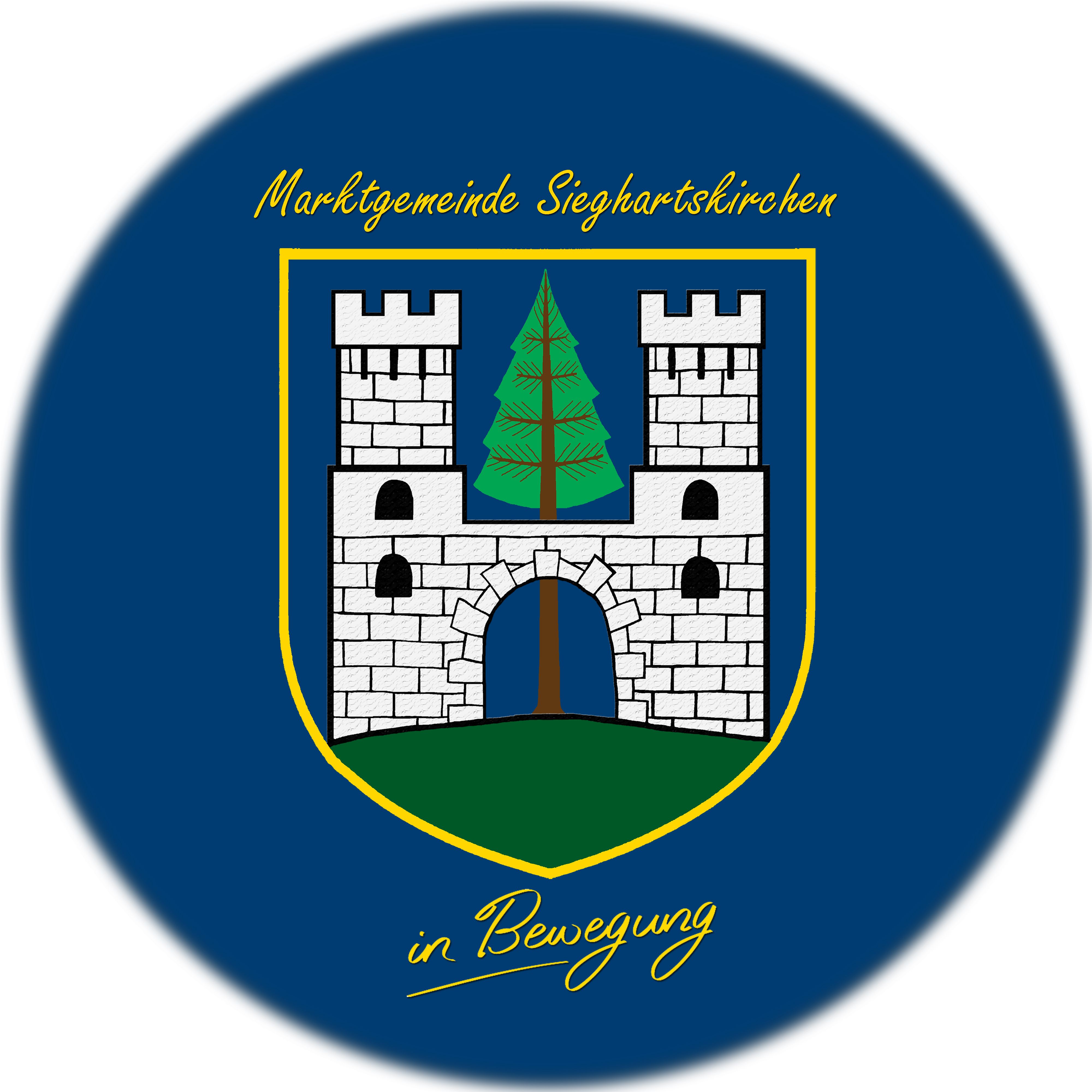 Erb mesta Sieghartskirchen s hradom a stromom na modrom pozadí.