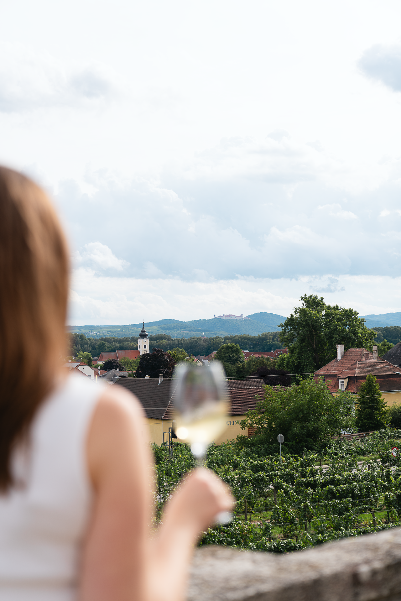 Ein erfrischendes Glas Wein in der Hand, während der Blick über die sanften Hügel und Weinreben schweift. Die Wolken am Himmel verleihen der Szenerie eine malerische Atmosphäre, die zum Verweilen einlädt. Hier, wo Genuss und Natur harmonisch verschmelzen, wird jeder Moment zum Erlebnis.